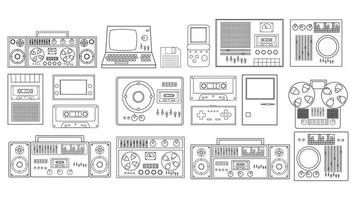 conjunto de grabadora de cinta de audio de casete de tecnología hipster retro vintage en blanco y negro, computadora, consolas de juegos para videojuegos de los años 70, 80, 90. ilustración vectorial vector