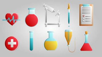 Large set of 10 medical scientific medical medical items icons with flasks of hearts, microscopes and droppers with documents on a white background. Vector illustration