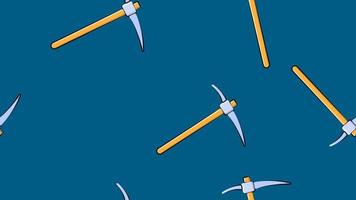 Texture, seamless abstract pattern from construction miner pickaxe with a wooden handle for repair, mining, excavation on a blue background. Vector illustration