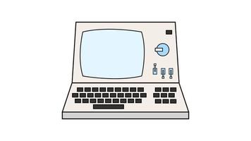 Old retro vintage hipster computer, pc with monitor and keyboard from 70s, 80s, 90s. Beautiful white icon. Vector illustration