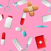 Endless seamless pattern of medical scientific medical items icons jars with tablets capsules first aid kits and stethoscopes on a pink background. Vector illustration