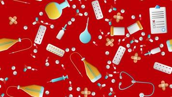 Endless seamless pattern of medical scientific medical items icons jars with pills capsules first aid kits and stethoscopes on a red background. Vector illustration