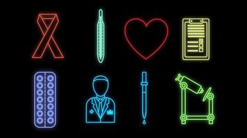 conjunto de luminosos letreros de neón médicos multicolores para una farmacia o un laboratorio científico del hospital hermosos y brillantes con objetos de iconos de medicina sobre un fondo negro. ilustración vectorial vector