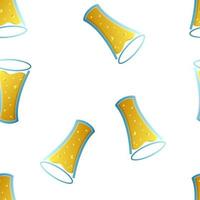 Endless seamless pattern of yellow beautiful glass goblets with alcohol tasty tasty light beer, foamy hop lager on a white background. Vector illustration