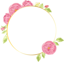 mão em aquarela desenhar grinalda de buquê de flores rosa inglesa rosa com moldura geométrica dourada