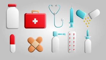 Large set of 10 medical scientific medical items jar icons with tablets capsules first aid kits first aid kit stethoscopes syringes drops on a white background. Vector illustration