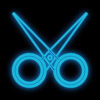blue neon scissors on a black background. a glamorous hairdresser's tool to create a new hairstyle and cut your hair. scissors for manicure and pedicure, podology for cuticle care. vector illustration