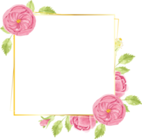 aquarell hand zeichnen rosa englisch rose blumenstrauß kranz mit geometrischem goldenen rahmen png