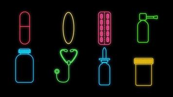 conjunto de luminosos letreros de neón médicos multicolores para una farmacia o un laboratorio científico del hospital hermosos y brillantes con objetos de iconos de medicina sobre un fondo negro. ilustración vectorial vector