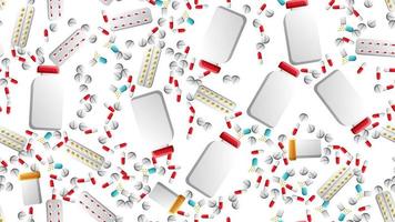 Endless seamless pattern of medical scientific medical objects icons jars with pills capsules on a white background. Vector illustration