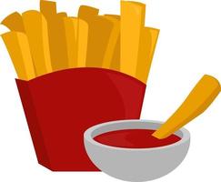 Fries with ketchup, illustration, vector on white background.