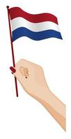 Female hand gently holds small flag of Holland, Netherlands. Holiday design element. Cartoon vector on white background