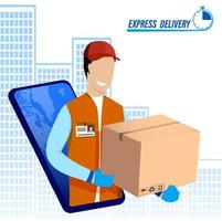 fast delivery of goods all over the world. Delivery service worker with cardboard box in his hands on background of big city. Concept delivery of parcels and mail. Vector