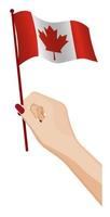 Female hand gently holds small Flag of Canada. Holiday design element. Cartoon vector on white background