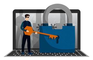 criminal, thief trying to open lock of locked computer with key. Cybersecurity and digital crime. Safe storage of data in Internet. Vector