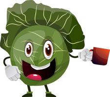 Cabbage is holding a mug, illustration, vector on white background.