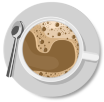 Top view of white coffee cup with plate and spoon png