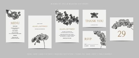 Collection of template wedding stationery with minimalist hand drawn orchid flower vector