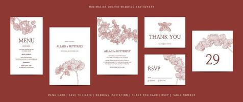 Collection of template wedding stationery with minimalist hand drawn orchid flower vector