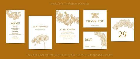 Collection of template wedding stationery with minimalist hand drawn orchid flower vector
