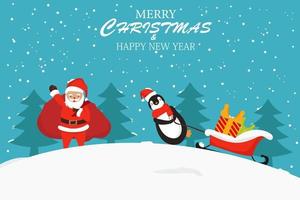 santa claus con tarjeta de navidad pinguino vector