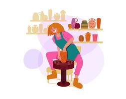 Ceramics studio interior with ceramics and working woman.A woman potter makes a clay pot. vector