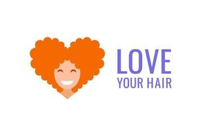 chica logo con pelo rizado en forma de corazón. letras - ama tu cabello. vector