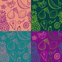 conjunto de patrones impecables con varias frutas como piña, plátano, pera, albaricoque, cereza, limón. vector