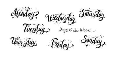 Days of the week handwritten names with splash ink drops. vector