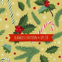 Vector illustration seamless patterns with holly, candies and spruce branches and snowflakes.