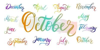 Handwritten month names December, January, February, March, April, May, June, July, August, September, October, November with color gradient. Calligraphic words for calendars and organizers. vector