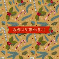 Vector illustration seamless patterns with holly, candies and spruce branches and snowflakes. Illustration for greeting cards and invitations, textiles.