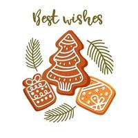 Christmas card with cookie. Hand painted composition with gingerbread cookie and pine branches isolated on white background. Food illustration for design, print, fabric or background vector