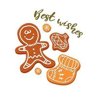 tarjeta de navidad con galleta. composición pintada a mano con galletas de jengibre y ramas de pino aisladas en fondo blanco. ilustración de alimentos para diseño, impresión, tela o fondo vector