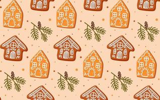 Christmas pattern with gingerbread cookie and pine branches isolated on white background. Food illustration for design, print, fabric or background vector