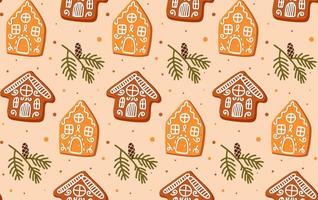 Christmas pattern with gingerbread cookie and pine branches isolated on white background. Food illustration for design, print, fabric or background vector