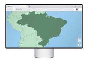 Computer monitor with map of Brazil in browser, search for the country of Brazil on the web mapping program. vector