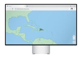 Computer monitor with map of Dominican Republic in browser, search for the country of Dominican Republic on the web mapping program. vector