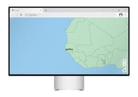 monitor de computadora con mapa de gambia en el navegador, busque el país de gambia en el programa de mapeo web. vector