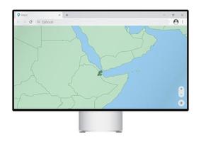 Computer monitor with map of Djibouti in browser, search for the country of Djibouti on the web mapping program. vector