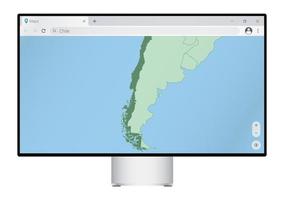 Computer monitor with map of Chile in browser, search for the country of Chile on the web mapping program. vector