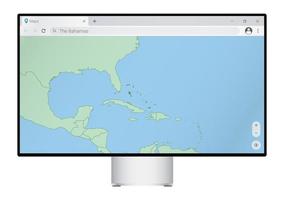 monitor de computadora con mapa de las bahamas en el navegador, busque el país de las bahamas en el programa de mapeo web. vector