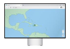 Computer monitor with map of Haiti in browser, search for the country of Haiti on the web mapping program. vector