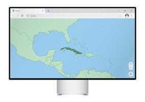 Computer monitor with map of Cuba in browser, search for the country of Cuba on the web mapping program. vector