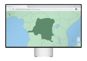 Computer monitor with map of DR Congo in browser, search for the country of DR Congo on the web mapping program. vector