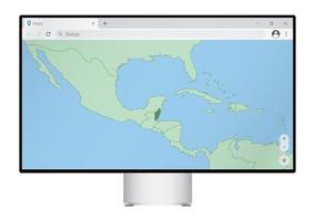 Computer monitor with map of Belize in browser, search for the country of Belize on the web mapping program. vector