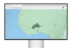 Computer monitor with map of Burkina Faso in browser, search for the country of Burkina Faso on the web mapping program. vector