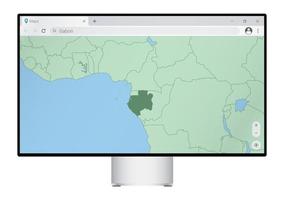 Computer monitor with map of Gabon in browser, search for the country of Gabon on the web mapping program. vector