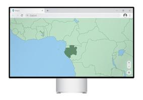 Computer monitor with map of Gabon in browser, search for the country of Gabon on the web mapping program. vector