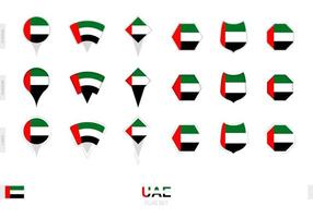 colección de la bandera de los emiratos árabes unidos en diferentes formas y con tres efectos diferentes. vector